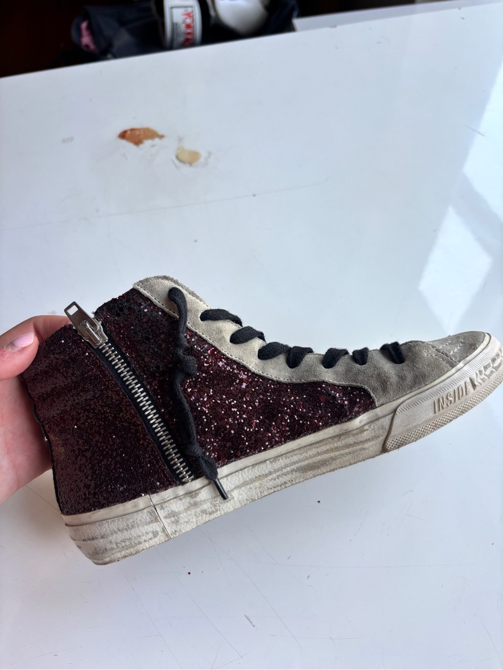 Golden Goose GGDB-SLIDE High-Top Sneaker in Burgundy Glitter and White - Picture 4 of 5